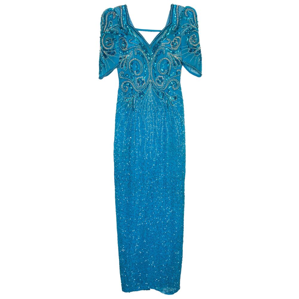 Vintage Sho Max Evening Gown Silk Beaded Sequin Formal Prom Pageant Glam Blue XS